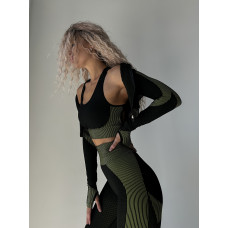 Комплект трійка з фактурної тканини легінси без пуш ап топ бра з чашками і кроп рашгард на змійці чорний з зеленим Комплект трійка з фактурної тканини легінси без пуш ап топ бра з чашками і кроп рашгард на змійці чорний з зеленим