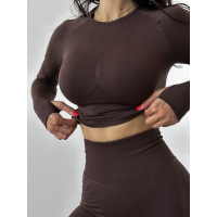 Безшовний комплект спортивний лосини з подвійним push up і топ лонгслів без чашок коречневий кавовий Rise Безшовний комплект спортивний лосини з подвійним push up і топ лонгслів без чашок коречневий кавовий Rise