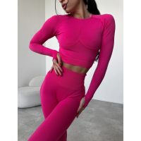 Безшовний комплект спортивний лосини з подвійним push up і топ лонгслів без чашок рожевий малиновий Rise Безшовний комплект спортивний лосини з подвійним push up і топ лонгслів без чашок рожевий малиновий Rise