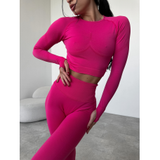 Безшовний комплект спортивний лосини з подвійним push up і топ лонгслів без чашок рожевий малиновий Rise Безшовний комплект спортивний лосини з подвійним push up і топ лонгслів без чашок рожевий малиновий Rise