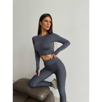 Безшовний комплект спортивний без пуш ап легінси і топ лонгслів графітовий